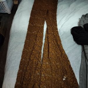 FREE PEOPLE Nightcap Dixie Rust Brown Floral Lace Sheer Flare Pull on Bell Pants
